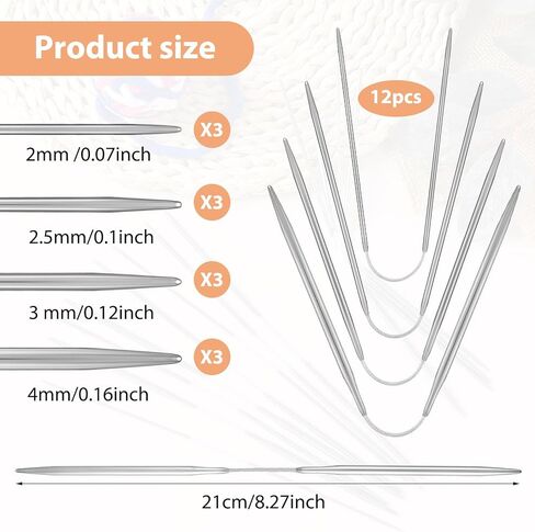 Lusofie 12Pcs Circular Knitting Needles Set Stainless Steel 8.3 inch Round Knitting Needles Flexible Circular Needles for Socks Sweaters Hats Scarf Crochet DIY(4 Sizes) in Saudi Arabia