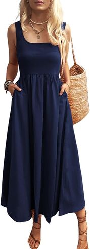 Women's Maxi Dress Summer Sleeveless Swing Sundress Casual Loose Tank Long Dresses with Pockets in Saudi Arabia