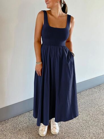 Women's Maxi Dress Summer Sleeveless Swing Sundress Casual Loose Tank Long Dresses with Pockets in Saudi Arabia