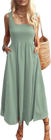 Women's Maxi Dress Summer Sleeveless Swing Sundress Casual Loose Tank Long Dresses with Pockets in Saudi Arabia