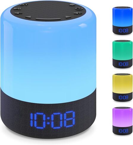 مكبر صوت بلوتوث بإضاءة ليلية من HOUSBAY، ساعة منبه لغرفة النوم، مصباح طاولة بجانب السرير، 12 ضوء ملون، ساعة قابلة للتعتيم، مكبر صوت لاسلكي عالي الدقة، منبه لطيف in Kuwait