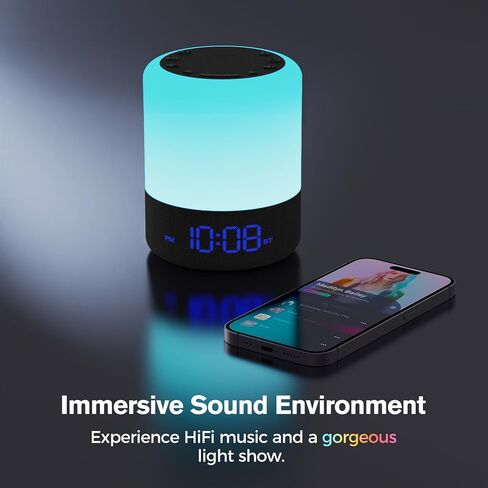 مكبر صوت بلوتوث بإضاءة ليلية من HOUSBAY، ساعة منبه لغرفة النوم، مصباح طاولة بجانب السرير، 12 ضوء ملون، ساعة قابلة للتعتيم، مكبر صوت لاسلكي عالي الدقة، منبه لطيف in Kuwait