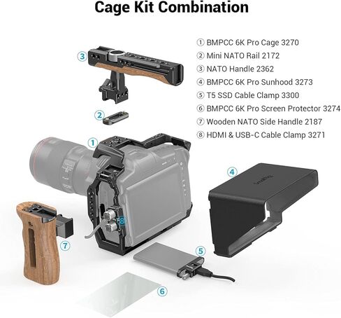 طقم ملحقات قفص الكاميرا SMALLRIG لـ BMPCC 6K Pro / 6K G2، مع مقبض علوي خشبي ومقبض كابل مشبك لـ HDMI SSD Clamp Sunhood الناتو واقي شاشة السكك الحديدية لـ BMPCC 6K Pro / 6K G2-3299 in Saudi Arabia