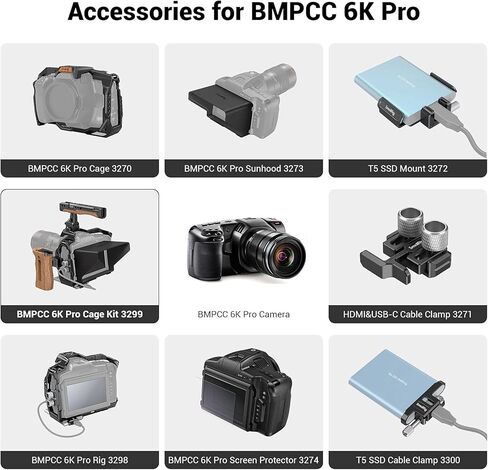 طقم ملحقات قفص الكاميرا SMALLRIG لـ BMPCC 6K Pro / 6K G2، مع مقبض علوي خشبي ومقبض كابل مشبك لـ HDMI SSD Clamp Sunhood الناتو واقي شاشة السكك الحديدية لـ BMPCC 6K Pro / 6K G2-3299 in Saudi Arabia
