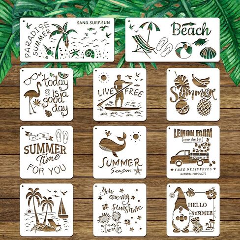 11 Pieces Beach Stencil Tropical Hawaiian Stencils Summer Theme Stencils for Painting on Wood Reusable Painting Stencil Template for DIY Notebook Wood Signs Greeting Card Canvas Scrapbook, 2 Sizes in Saudi Arabia