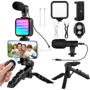 Phone Vlogging Kit with Mini LED Video Light+Microphone+Phone Clip+Tripod in Kuwait