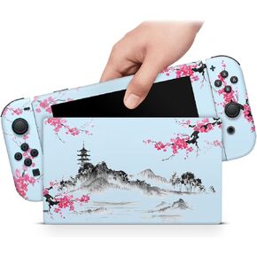 ZOOMHITSKINS Glitter Skin Compatible with Switch, Blue Sky Sakura Temple Anime Design, Durable 3M Vinyl Decal Wrap, Precision Fit, Bubble-Free, Made in USA in Saudi Arabia