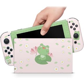 ZOOMHITSKINS Glitter Skin Compatible with Switch, Cute Pink Frog Cartoon Design, Durable 3M Vinyl Decal Wrap, Precision Fit, Bubble-Free, Made in USA in Saudi Arabia