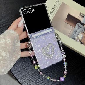 LUVI Compatible with Galaxy Z flip 8 Case with Chain Bling Glitter Shell Laser Sparkle Pearl Wristband 3D Diamond Heart Slim TPU Hinge Protection Cover for Women Girls in Saudi Arabia