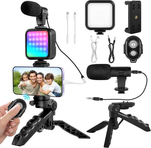 Phone Vlogging Kit with Mini LED Video Light+Microphone+Phone Clip+Tripod in Kuwait