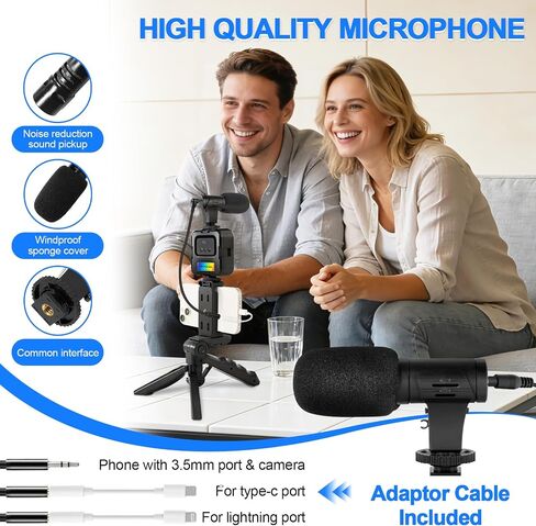 Phone Vlogging Kit with Mini LED Video Light+Microphone+Phone Clip+Tripod in Kuwait
