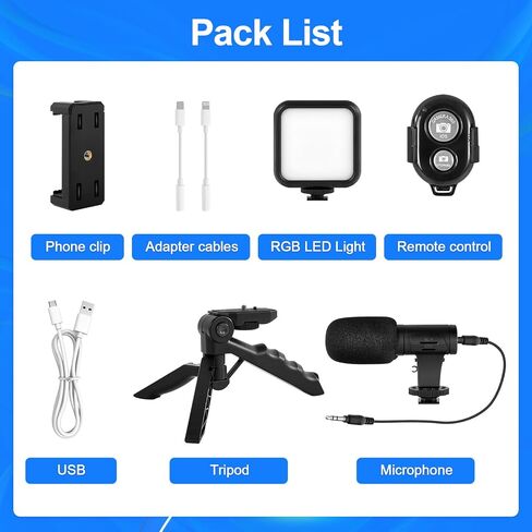 Phone Vlogging Kit with Mini LED Video Light+Microphone+Phone Clip+Tripod in Kuwait