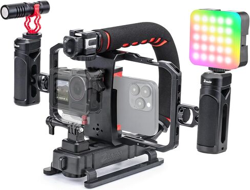 Zeadio All-in-One Video Rig Kit, Handheld Stabilizer with Aluminum Phone Cage, RGB LED Light & Shotgun Microphone, Perfect for Vlogging YouTube TikTok Filmmaking etc in Kuwait