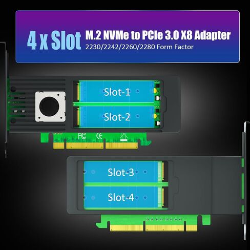 GLOTRENDS M.2 NVMe Adapter + 4-Bay M.2 SSD Enclosure Bundle, PCIe 3.0 X8 with Bifurcation, RAID Support for 2280/2260/2242/2230 SSD in Kuwait