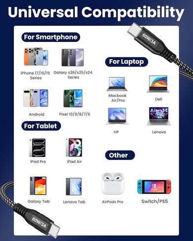 USB C to USB C Cable 25FT, 60W Fast Charging, USB 2.0 Data Transfer in Kuwait