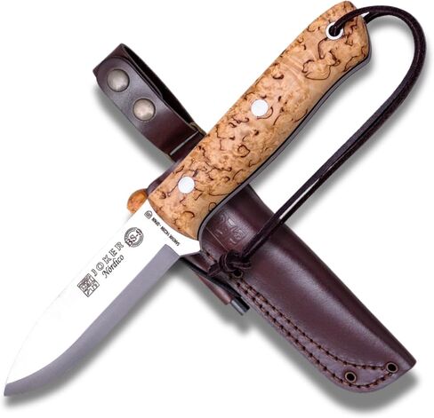 Joker Nórdico CL115-P Survival Knife, 3.94 in Sandvik 14C28N Blade, Curly Birch Handle, Leather Sheath with Ferro Rod, Made in Spain, for hiking routes, campsite prep, bushcraft and outdoor travel in Saudi Arabia