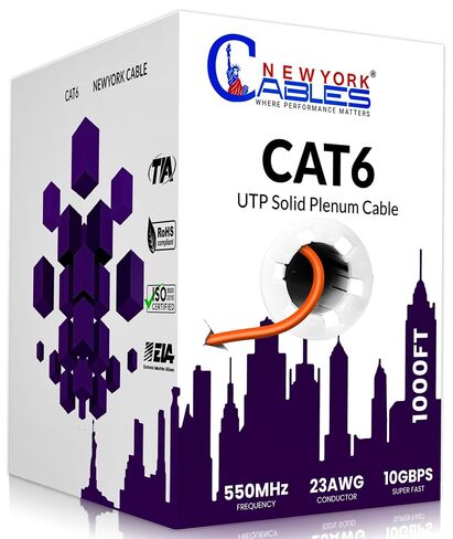 Newyork Cables | CAT6 Plenum Cable 1000ft | 23AWG, UTP 4Pairs, 550MHz 10Gbps Most Certified (CMP) Rated | Fire-Retardant Jacket | High Speed Bulk Ethernet Cable for Networking | Easy Pull Box | Blue in Kuwait