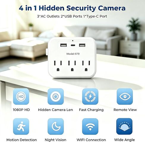 Wall Outlet Hidden Camera - 1080P HD WiFi Spy Cam with Motion Detection & Night Vision, APP Remote View, Indoor Nanny Cam for Home Security (No Audio) in Kuwait