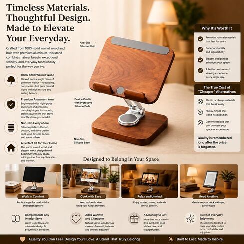 Adjustable Walnut Wood Tablet Stand, iPad & Kindle Holder for Desk & Office in Saudi Arabia