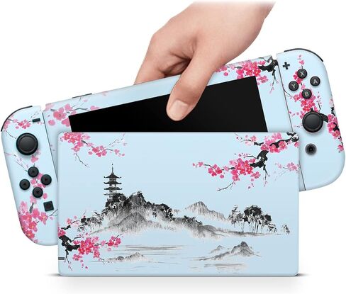 ZOOMHITSKINS Glitter Skin Compatible with Switch, Blue Sky Sakura Temple Anime Design, Durable 3M Vinyl Decal Wrap, Precision Fit, Bubble-Free, Made in USA in Saudi Arabia