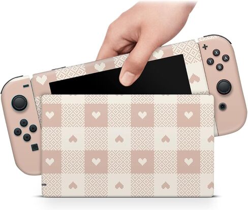 ZOOMHITSKINS Matte Skin Compatible with Switch, Pink Gingham Kawaii Princess Heart Design, Durable 3M Vinyl Decal Wrap, Precision Fit, Bubble-Free, Made in USA in Saudi Arabia