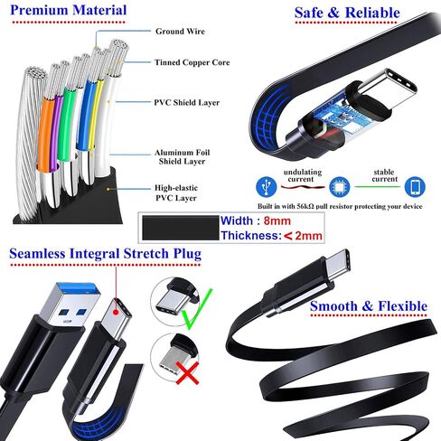 1M Flat USB C Android Auto Cable, USB-C to USB-A 10Gbps Data Sync Cable in Saudi Arabia