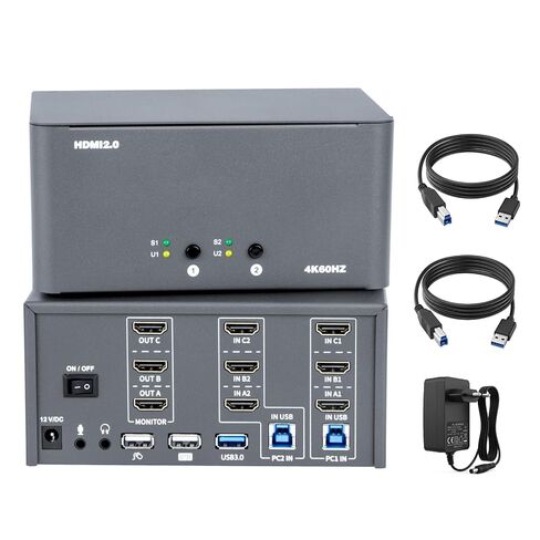 KVM Switch 3 Monitors 2 Computers, HDMI 4K@60Hz KVM Switch with USB3.0, 2 Computers Share One Set of Keyboard, Mouse and Monitors, Supports Windows/Mac/Linux in Saudi Arabia