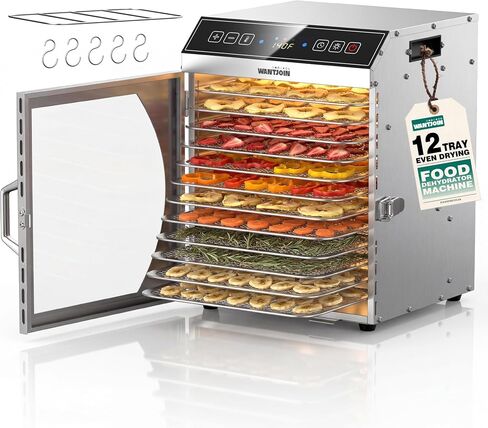 WantJoin Food Dehydrator Machine - 12 Tray Commercial Food Dehydrator, 5 Hooks, Hanging Rack, 86-194℉ Temp Control, 800W Food Dehydrater, 24H Timer, LED Display, For Meat Jerky Fruit Vegetable in Saudi Arabia