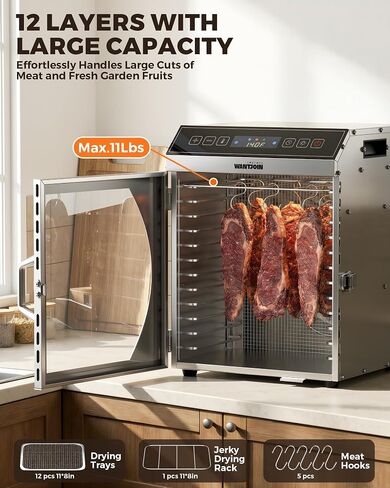 WantJoin Food Dehydrator Machine - 12 Tray Commercial Food Dehydrator, 5 Hooks, Hanging Rack, 86-194℉ Temp Control, 800W Food Dehydrater, 24H Timer, LED Display, For Meat Jerky Fruit Vegetable in Saudi Arabia