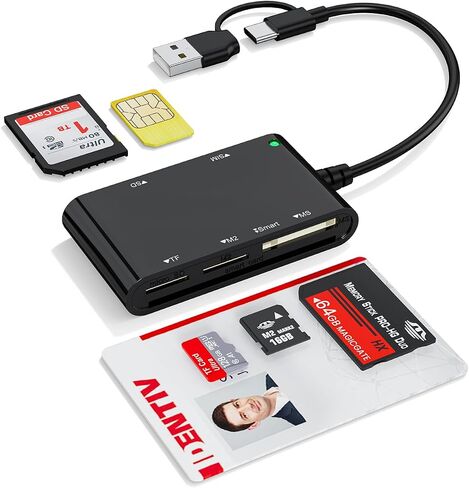6-in-2 SIM Card Reader with USB-C & USB-A, Military CAC & PIV Card Adapter, SD/TF/SIM/PIV/M2/IC/ID/MMC/MS Pro Duo Multi Memory Card Reader for Windows, Mac, Linux - Plug and Play in Kuwait