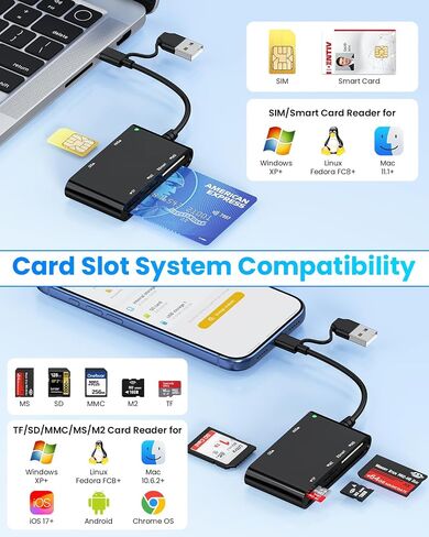 6-in-2 SIM Card Reader with USB-C & USB-A, Military CAC & PIV Card Adapter, SD/TF/SIM/PIV/M2/IC/ID/MMC/MS Pro Duo Multi Memory Card Reader for Windows, Mac, Linux - Plug and Play in Kuwait