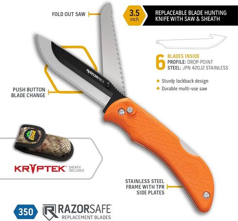 OUTDOOR EDGE RazorPro S with ZipPro | RazorSafe Replaceable Blade 3.5" Folding Knife with Saw and Camo Nylon Sheath includes 6 Replacement Blades | Folding Gutting/Rescue Knife with 3.5" Blade in Saudi Arabia