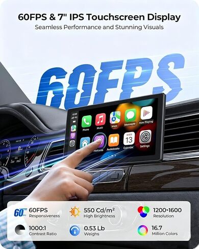 7" Portable CarPlay Screen for Car, 60FPS Car Play for Apple CarPlay & Android Auto, Upgrade Car Screen with AirPlay, Bluetooth, Voice Control, GPS Navigation, Plug & Play in Kuwait