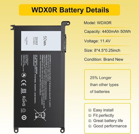 50WH WDX0R Laptop Battery Replacement for Dell Inspiron 13/15/17 5000/7000 5368 5378 7378 5568 5578 5580 5767 5770, Latitude 3180-3590, Vostro 5568 5468 Compatible WDXOR P69G 3CRH3 in Kuwait