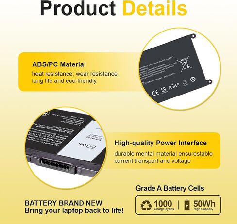 50WH WDX0R Laptop Battery Replacement for Dell Inspiron 13/15/17 5000/7000 5368 5378 7378 5568 5578 5580 5767 5770, Latitude 3180-3590, Vostro 5568 5468 Compatible WDXOR P69G 3CRH3 in Kuwait