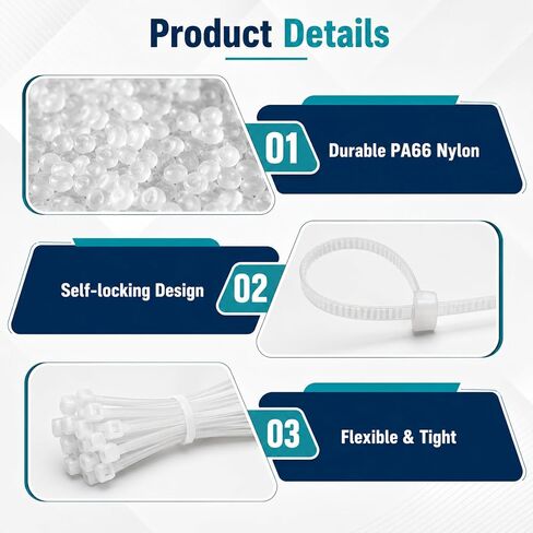 300 PCS Cable Zip Ties Self-Locking Nylon Cable Ties Plastic Thin Mini Cord Management Clear Wire Tie Garden Fencing Use Indoor and Outdoor Office Garden Workshop White in Saudi Arabia