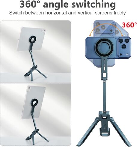 Magnetic Metal iPad Stand, Foldable Desktop Phone Stand, 360° Rotation, Mini Tripod, Compatible with iPhone 17/16/15 & Other Models, Ideal for Kitchen, Office, Video Recording & Photography in Saudi Arabia
