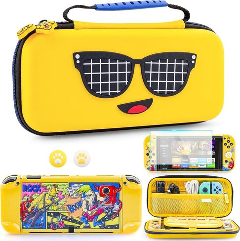 RHOTALL 7 in 1 Yellow Carrying Case Set for Nintendo Switch ,Portable Traveler Accessories bundle Cover Storage Bag for Fortnite Peely,Hard Shell Dockable Case,Screen Protector,2 Thumb Caps, Music in Saudi Arabia