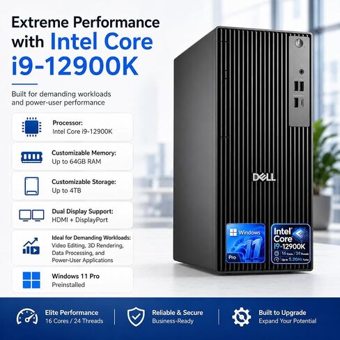 Customized Dell Business Desktop Tower, Intel Core i9-12900K, 16GB/ 32GB/ 64GB DDR5 RAM, 512GB/ 1TB/ 2TB/ 4TB SSD, Dual 4K Monitor Support (HDMI & DP) Windows 11 Pro, Wired KB & Mouse in Kuwait