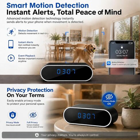 1080P HD WiFi Clock Hidden Camera,Spy Camera Wireless for Home Office Monitoring,Small Video Camera with Motion Detection & Night Vision Indoor Security Nanny Cam in Saudi Arabia