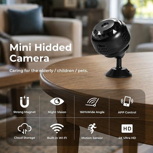 4K Hidden Camera, Mini WiFi Nanny Cam with Motion Detection & Night Vision (Black) | Spy Cam Indoor for Baby Pets Security with App Control in Saudi Arabia