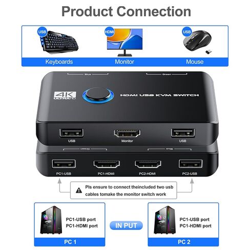 KVM Switch, 4K@60Hz KVM Switch 1 Monitors 2 Computers, HDMI KVM Switches for 2 Computers Sharing One HD Monitor and Keyboard Mouse, Button Switch, Plug and Play, 2 HDMI Cables and 2 USB Cables in Saudi Arabia