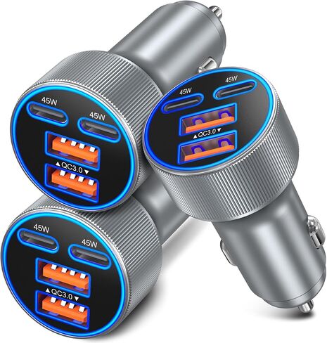 USB C Car Charger, 3 Pack 90W 4-Port Dual 45W Super Fast Car Phone Charger PD/QC 3.0 Fast Charging 12V Cigarette Lighter Adapter Plug for iPhone 17 16e 15 14 Pro Max, Galaxy S26 S25, Android in Kuwait