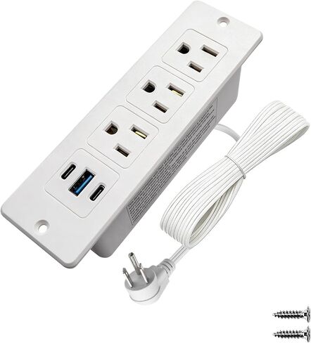 Furniture Recessed Power Strip with USB C 20W & USB A 18W,3 Outlets 3 USB Ports(2 USB C+1 USB A),Flush Mountable Electrical Outlet for Desk Cabinet Nightstand Counter, 6.56ft Flat Plug Cord (White) in Kuwait