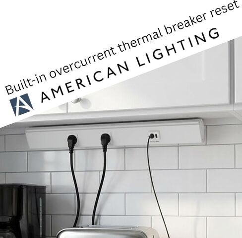 شريط طاقة American Lighting Atom مقاس 18 بوصة 120 فولت منخفض المستوى مع 2 أوعية مقاومة للعبث USB-A USB-C سلكية أسفل الخزانة بلمسة نهائية بيضاء للاستخدام الداخلي ATOM-120V-18-WH in Kuwait
