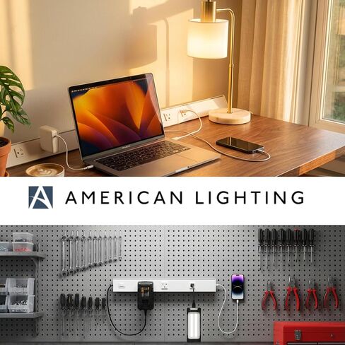 شريط طاقة American Lighting Atom مقاس 18 بوصة 120 فولت منخفض المستوى مع 2 أوعية مقاومة للعبث USB-A USB-C سلكية أسفل الخزانة بلمسة نهائية بيضاء للاستخدام الداخلي ATOM-120V-18-WH in Kuwait