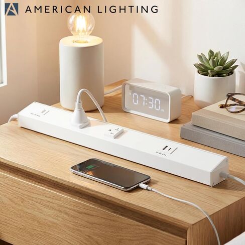 شريط طاقة American Lighting Atom مقاس 18 بوصة 120 فولت منخفض المستوى مع 2 أوعية مقاومة للعبث USB-A USB-C سلكية أسفل الخزانة بلمسة نهائية بيضاء للاستخدام الداخلي ATOM-120V-18-WH in Kuwait