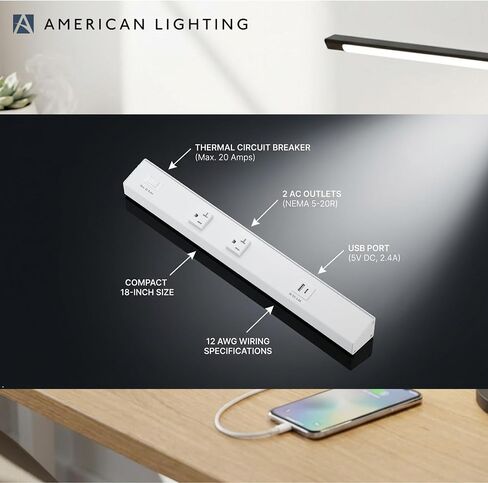 شريط طاقة American Lighting Atom مقاس 18 بوصة 120 فولت منخفض المستوى مع 2 أوعية مقاومة للعبث USB-A USB-C سلكية أسفل الخزانة بلمسة نهائية بيضاء للاستخدام الداخلي ATOM-120V-18-WH in Kuwait