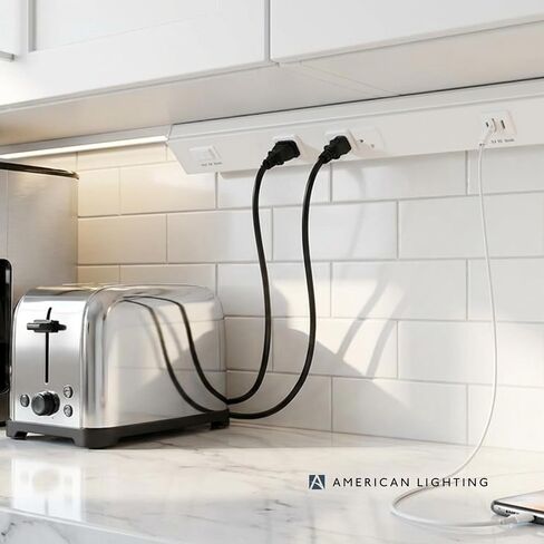 شريط طاقة American Lighting Atom مقاس 18 بوصة 120 فولت منخفض المستوى مع 2 أوعية مقاومة للعبث USB-A USB-C سلكية أسفل الخزانة بلمسة نهائية بيضاء للاستخدام الداخلي ATOM-120V-18-WH in Kuwait