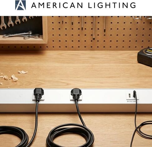شريط طاقة American Lighting Atom مقاس 18 بوصة 120 فولت منخفض المستوى مع 2 أوعية مقاومة للعبث USB-A USB-C سلكية أسفل الخزانة بلمسة نهائية بيضاء للاستخدام الداخلي ATOM-120V-18-WH in Kuwait